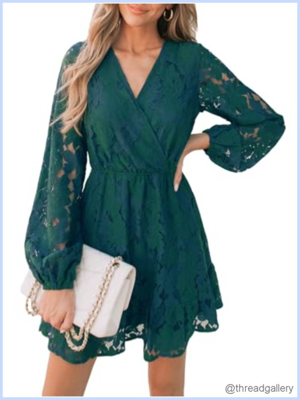 Lace V Neck Peasant Sleeve A-Line Mini Dress High Waist